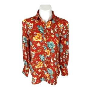 Ann Taylor LOFT Red Floral Print Button Down Blouse Medium Orange Teal Flowers
